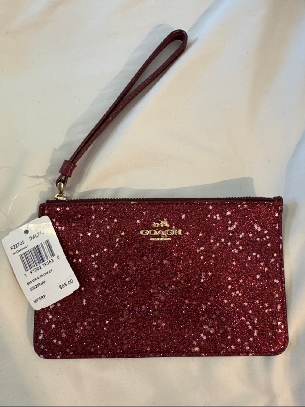 Coach Burgundy Glitter Star Wristlet with Gold Logo